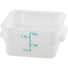 Omcan white polypropylene square storage container, short 2 quart size with teal litre and quart graduations