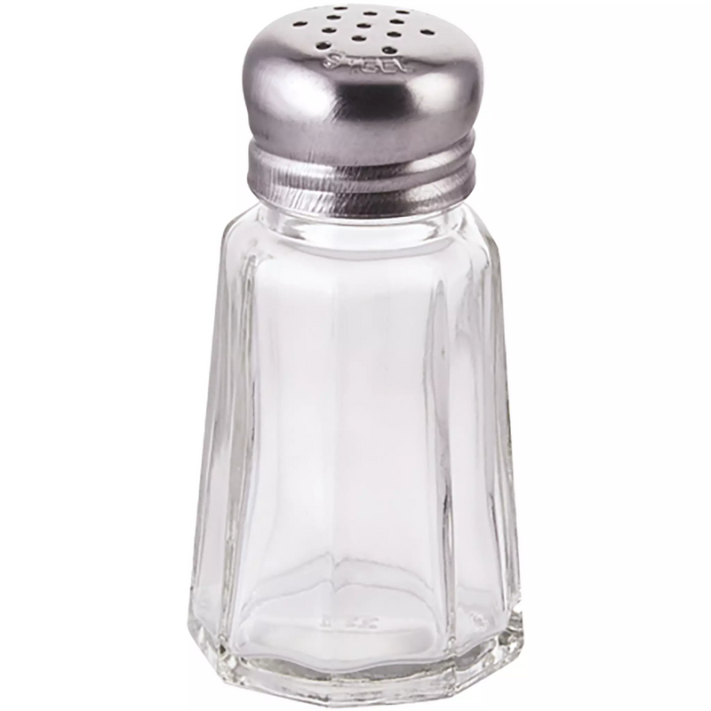 Winco paneled clear glass shaker with perforated stainless steel cap, smaller size option
