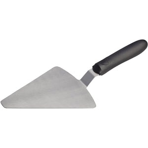 Winco pizza server with handle, triangular stainless steel blade with offset neck and black ergonomic handle