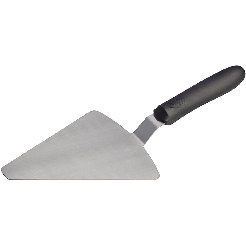 Winco pizza server with handle, triangular stainless steel blade with offset neck and black ergonomic handle