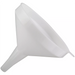 Winco plastic funnel in translucent white with wide cone mouth and narrow spout, side view