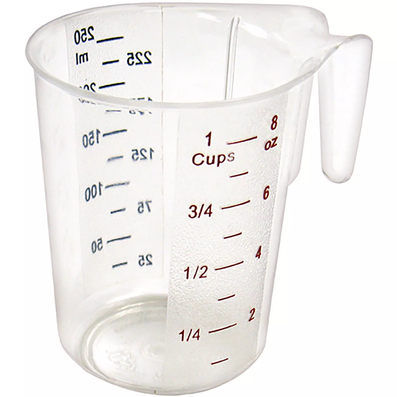 Winco clear polycarbonate 1 cup measuring cup with red and blue colour graduations and handle