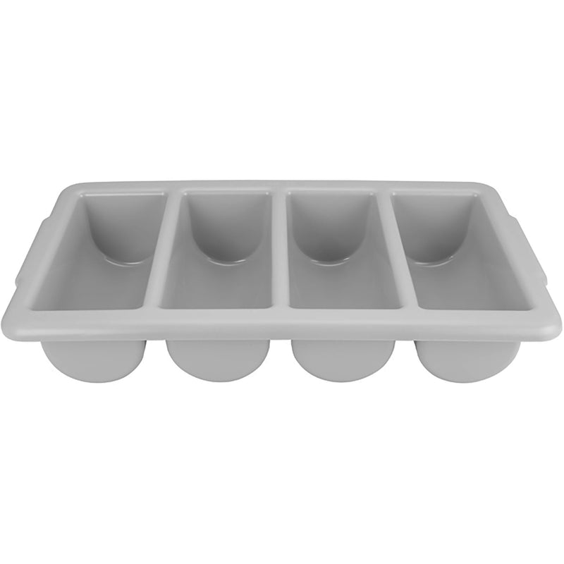 Winco grey polypropylene cutlery bin with four compartments for forks, knives and spoons, angled view