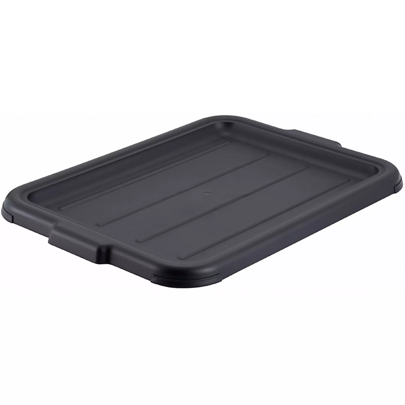Winco polypropylene dish bin cover in black, rectangular snap-on lid with moulded side tabs, angled view