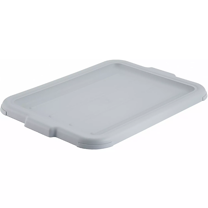 Winco polypropylene dish bin cover in grey, rectangular lid with raised rim and corner tabs, angled view