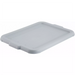 Winco polypropylene dish bin cover in grey, rectangular lid with raised rim and corner tabs, angled view