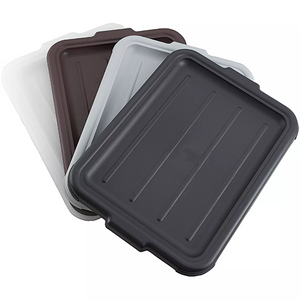 Winco polypropylene dish bin covers in various colours, black, brown, grey and white lids shown fanned together
