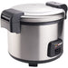Winco RC-S301 electric 60 cup rice cooker and warmer, angled view of the hinged cover, side handles and front control