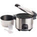 Winco RC-S301 60 cup rice cooker and warmer with hinged cover open, shown with inner pot, measuring cup and paddle