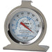 Winco stainless steel refrigerator/freezer dial thermometer with blue Celsius scale on a stand base, first size