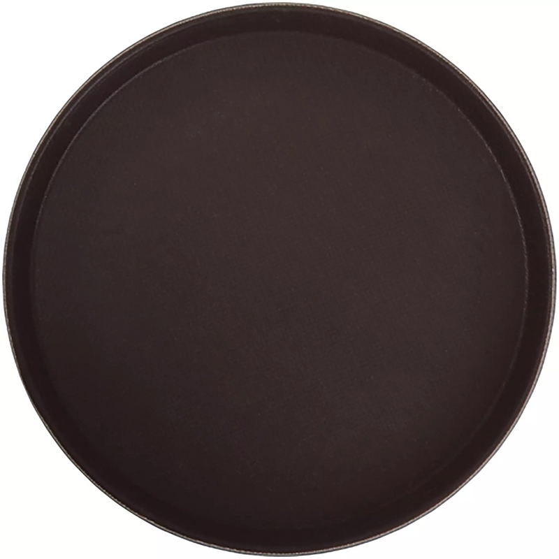 Winco round easy-hold rubber-lined serving tray in brown with non-slip surface, top view of the full tray