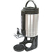 Winco SBD-1.5 gravity beverage dispenser, 5.7L insulated stainless steel urn on black stand with drip tray