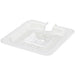 Winco SP Series clear polycarbonate food pan cover with notched edge for a ladle, small square fifth size