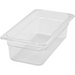 Winco SP Series clear polycarbonate food pan, narrow rectangular footprint in a medium depth, angled view