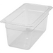 Winco SP Series clear polycarbonate food pan, narrow rectangular footprint in a deeper depth, angled view