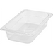 Winco SP Series clear polycarbonate food pan, compact rectangular footprint in the shallowest depth, angled view