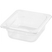 Winco SP Series clear polycarbonate food pan, small square footprint in the shallowest depth, angled view