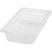 Winco SP Series clear polycarbonate food pan, narrow rectangular footprint in the shallowest depth, angled view