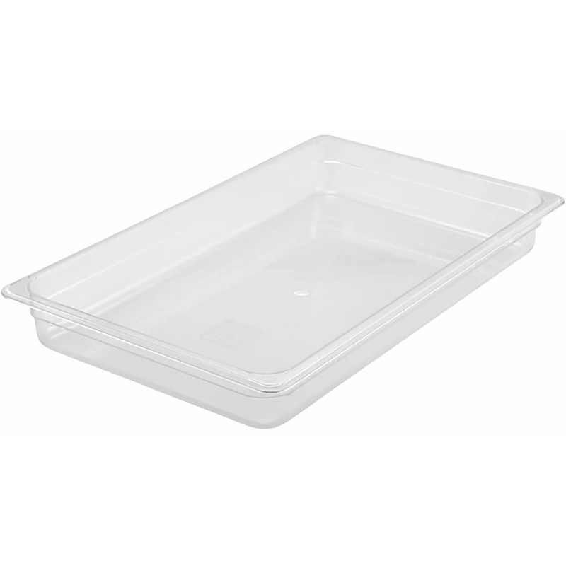 Winco SP Series clear polycarbonate food pan, large rectangular footprint in the shallowest depth, angled view