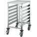 Winco SRK-12 stainless steel 12-tier steam table pan and food pan rack with solid top and casters, angled view