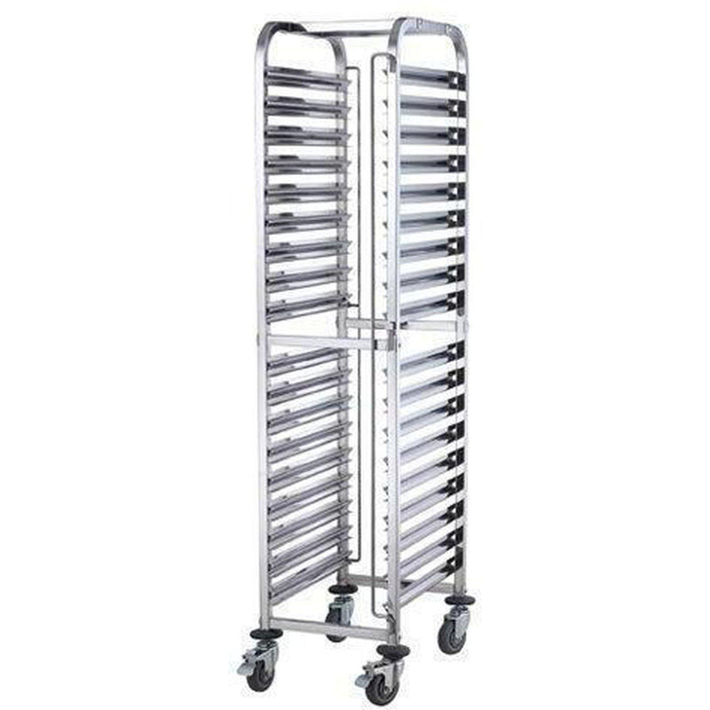 Winco SRK-36 stainless steel 36-tier steam table pan and food pan rack, tall mobile rack on four swivel casters