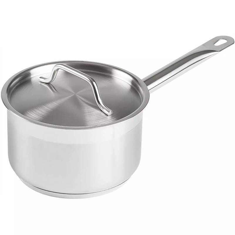 Winco SSSP-Series stainless steel sauce pan with cover and long hanging-hole handle, second size option
