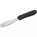 Winco stainless steel sandwich spreader with rounded serrated-edge blade and black handle, full angled view