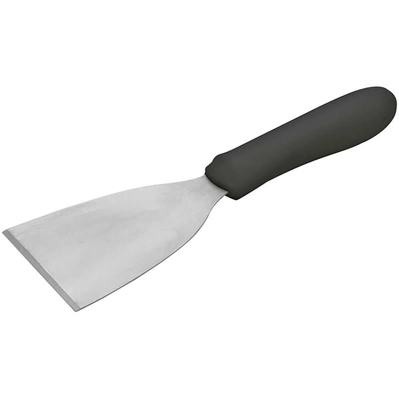 Winco stainless steel scraper with bevelled blade and black handle, smaller blade size shown at an angle