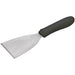 Winco stainless steel scraper with bevelled blade and black handle, smaller blade size shown at an angle
