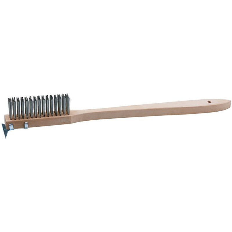 Winco scratch brush with metal wire bristles, scraper tip and long natural wood handle, side view