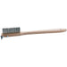 Winco scratch brush with metal wire bristles, scraper tip and long natural wood handle, side view
