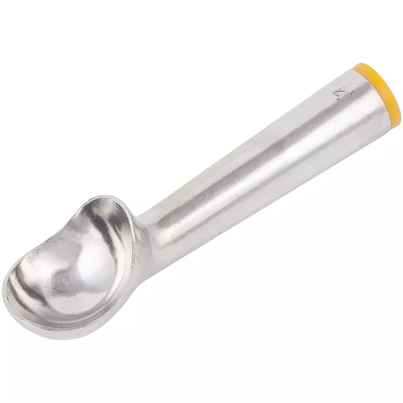 Winco self-defrosting ice cream dipper, aluminum scoop with yellow colour-coded end cap, close-up of the bowl