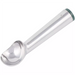 Winco self-defrosting ice cream dipper, silver aluminum scoop with green colour-coded end cap, angled view