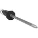 Winco sharpening steel, close-up of the black handle, hand guard, hanging ring and honing rod