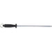 Winco sharpening steel with black handle, hand guard and hanging ring, full length side view