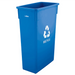 Winco slender 23 gallon trash bin in blue with white recycle symbol, tall narrow plastic recycling container