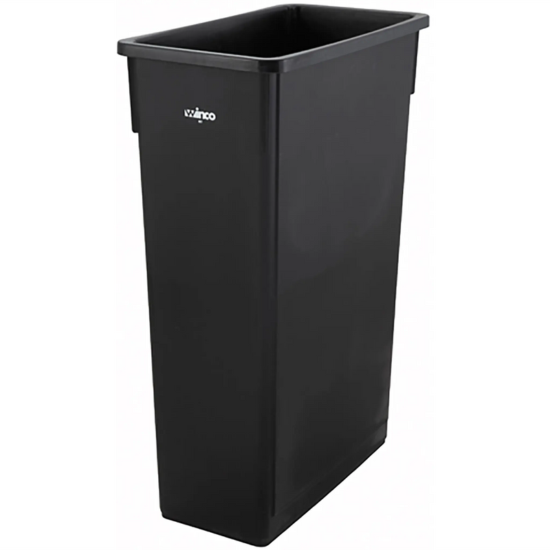 Winco slender 23 gallon trash bin in black, tall narrow rectangular plastic waste container, angled front view