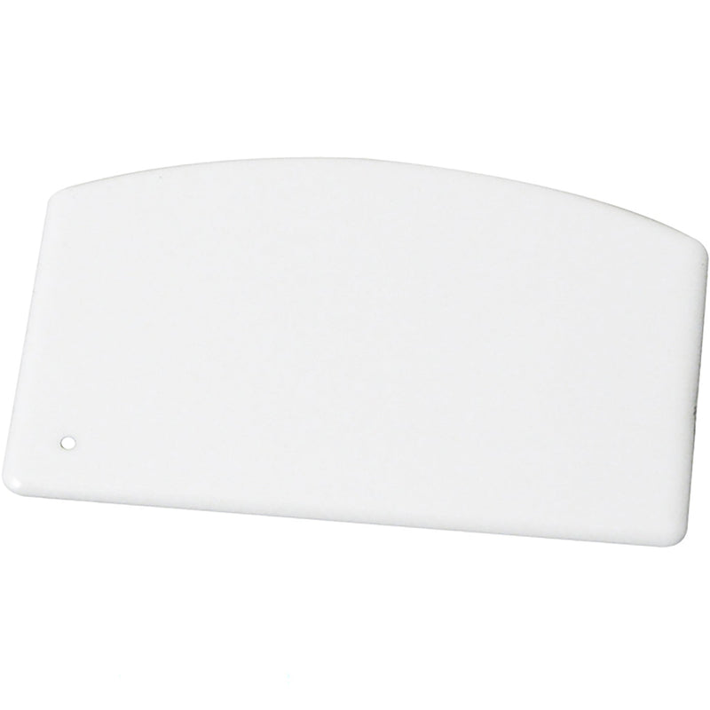 Winco small plastic dough scrapers, pack of 12, white flexible polypropylene scraper with curved edge, top view