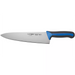 Winco Sof-Tek 10 inch wide chef's knife with a broad stainless steel blade and blue and black soft grip handle