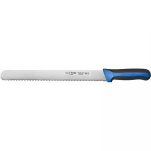 Winco Sof-Tek 12 inch wavy edge slicer knife with serrated stainless steel blade and blue and black soft grip handle