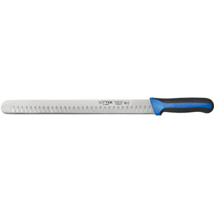 Winco Sof-Tek 14 inch wide slicer knife with hollow ground granton edge blade and blue and black soft grip handle