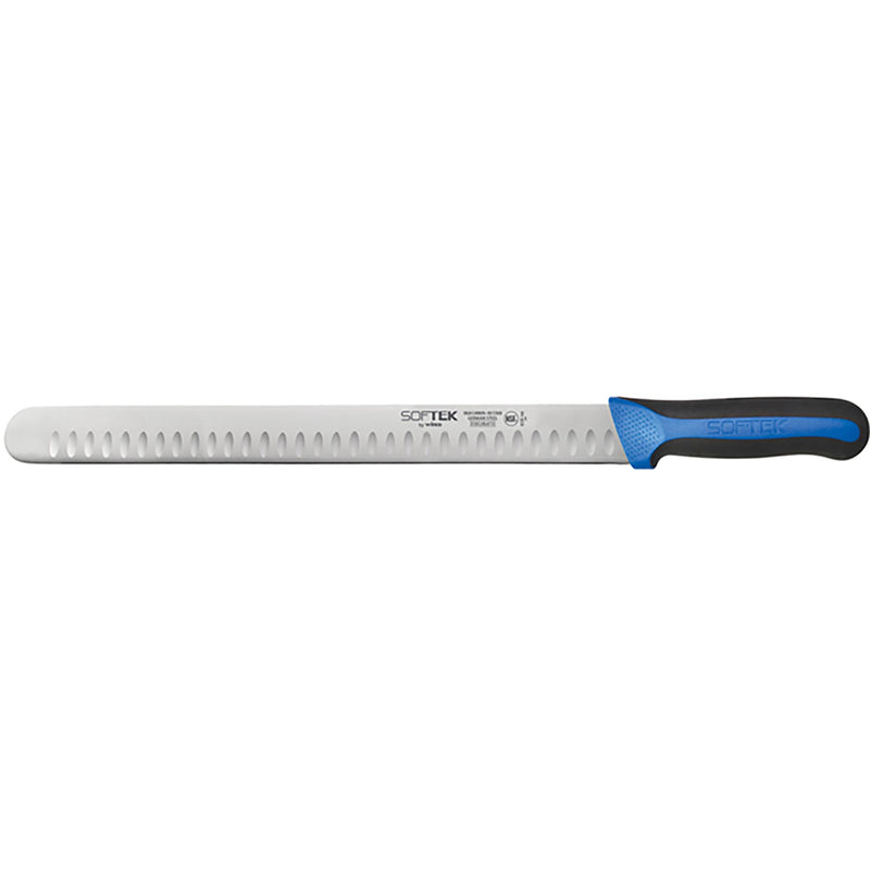 Winco Sof-Tek 14 inch wide slicer knife with hollow ground granton edge blade and blue and black soft grip handle