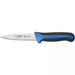 Winco Sof-Tek 3 1/2 inch serrated paring knife, stainless steel blade with blue and black soft grip handle