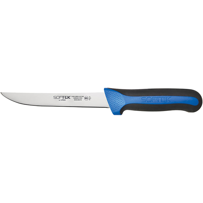 Winco Sof-Tek 6-inch wide boning knife, stainless steel blade with black and blue soft-grip handle, side view