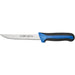 Winco Sof-Tek 6-inch wide boning knife, stainless steel blade with black and blue soft-grip handle, side view