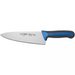 Winco Sof-Tek 8 inch wide chef's knife with a broad stainless steel blade and blue and black soft grip handle