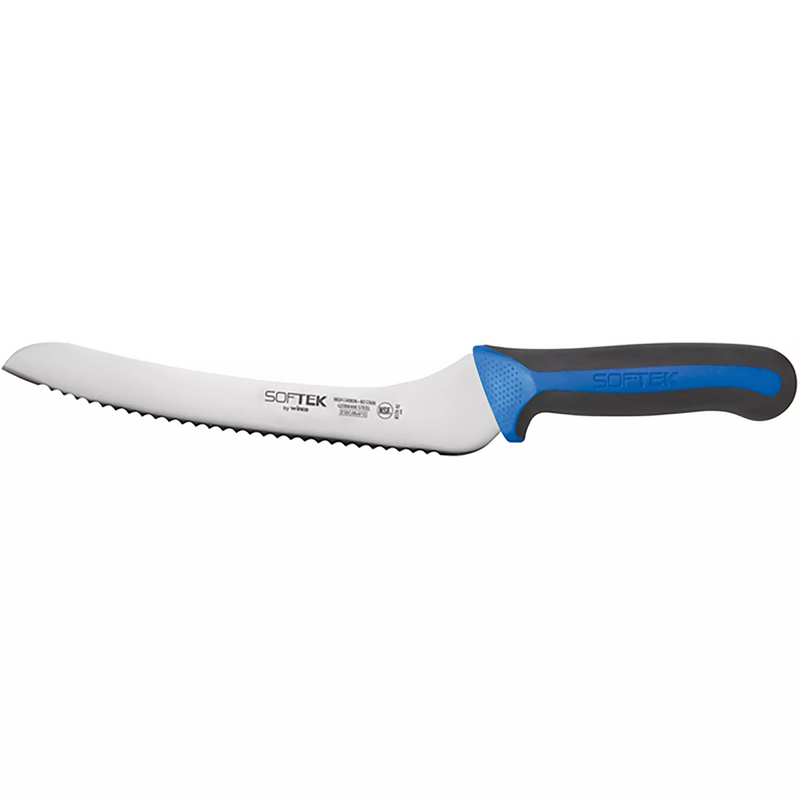 Winco Sof-Tek 9 inch offset bread and utility knife with serrated blade and raised blue and black soft grip handle