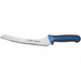 Winco Sof-Tek 9 inch offset bread and utility knife with serrated blade and raised blue and black soft grip handle