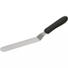 Winco stainless steel spatula with offset, rounded tip and black handle, medium blade size, angled view