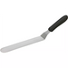 Winco stainless steel spatula with offset, rounded tip and black handle, longest blade size, angled view